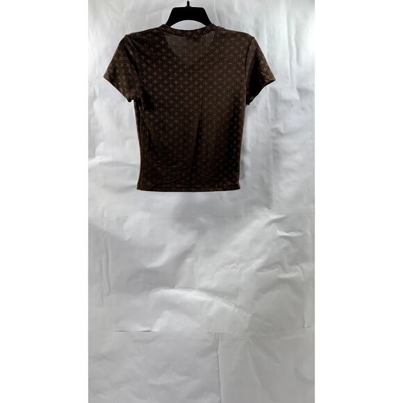ES SE Women's Brown Cross Print Semi Sheer V-Neck Short Sleeve Top SZ M - Picture 2 of 9
